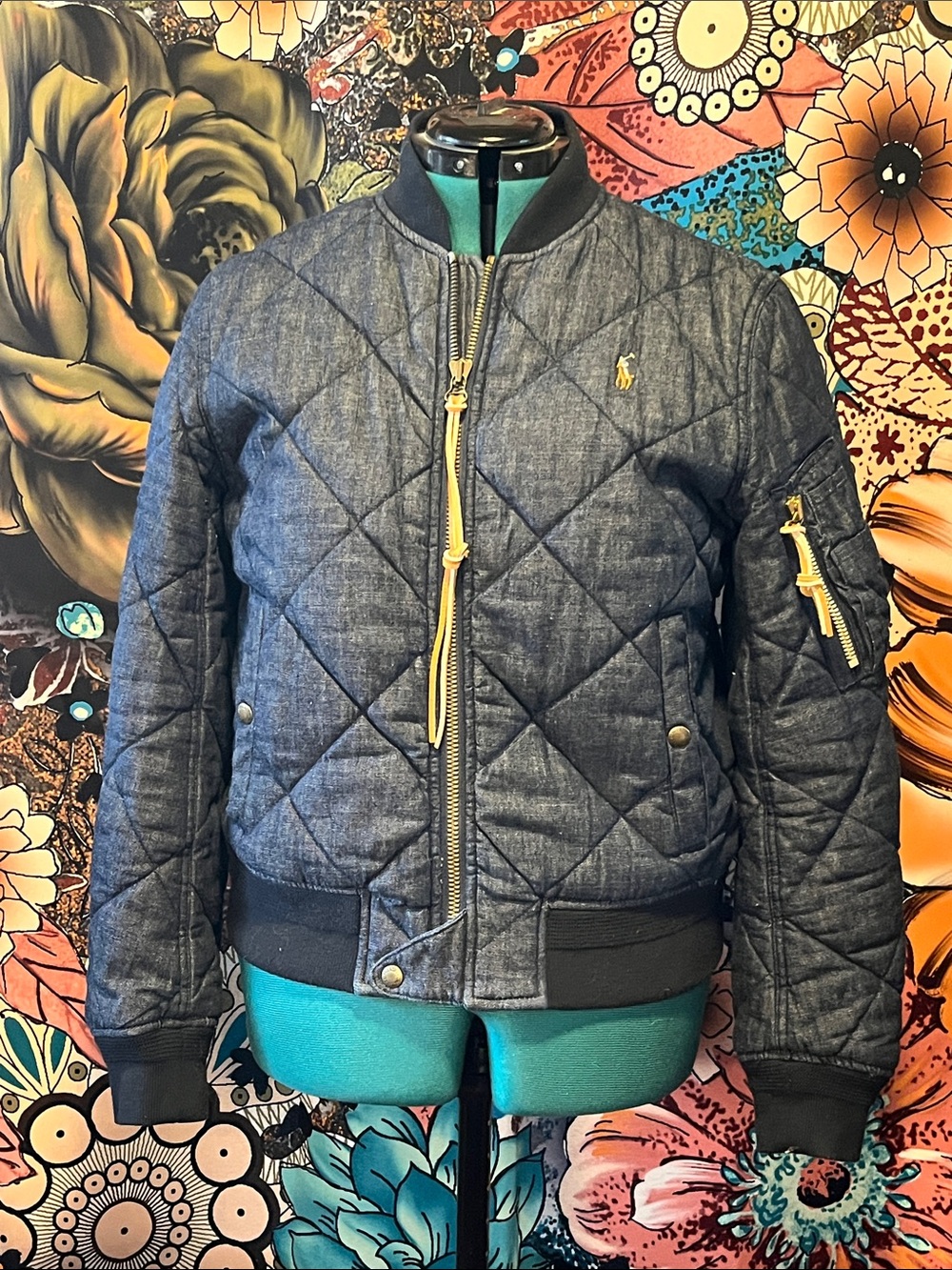 Polo by Ralph Lauren Quilted Navy Bomber Jacket with Gold Accents